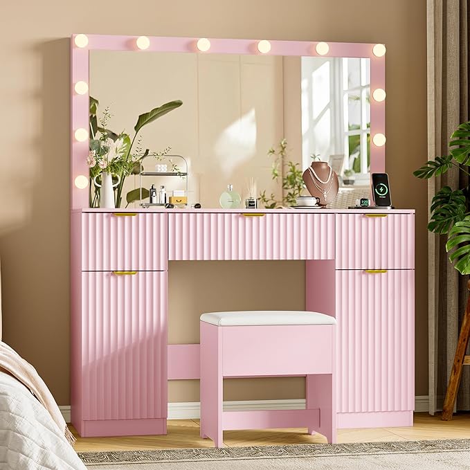 Vanity Desk with Large 42" Mirror and Lights, Pink Fluted Makeup Table Set with Storage Drawers, Power Outlet & Stool, 3 Lighting Modes & Adjustable Brightness, Dressing Table for Women Girls Bedroom