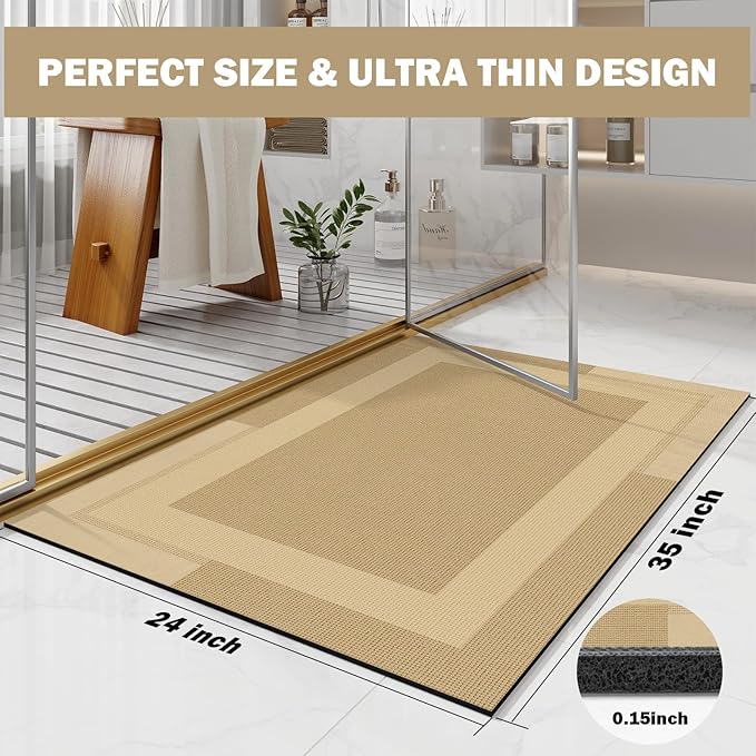 Non Slip Bath Mat, Rubber Backing Ultra Thin Bathroom Rugs Fit Under Door Quick Dry Super Absorbent Washable Bath Rug Shower Mat for Bathroom Floor Bathtub Shower Sink, Easy Care Brown 24"x 35"