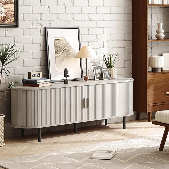 63" TV Stand with Power Outlet for TVs up to 70 Inch, Entertainment Center with Storage and Adjustable Shelves, Modern Media Console with Sliding Doors for Living Room, Natural White