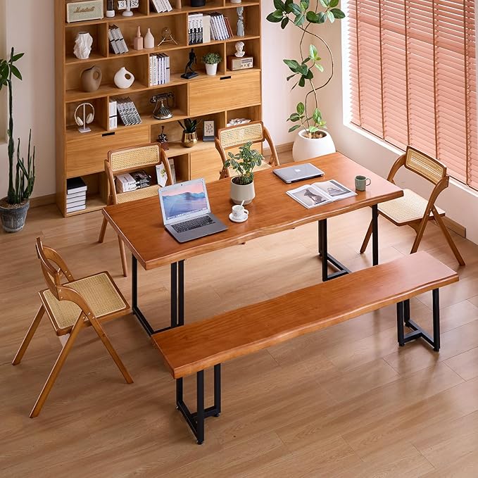 Solid Wood Administrative Desk, Dining Table with Durable Metal Legs, Uniquely Designed Leisure Table, Perfect for Restaurants and Home Offices, (Wood Brown, 55.12in)