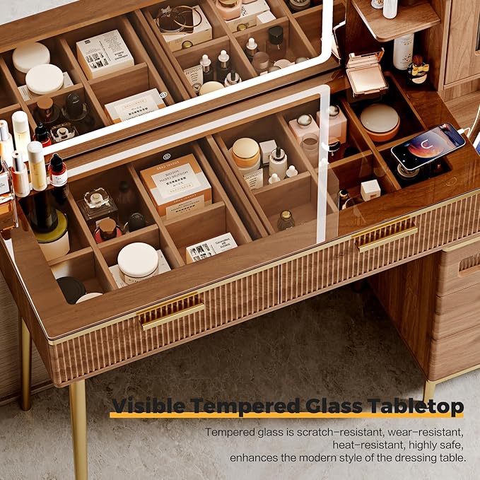 Vanity Desk with 29.53" HD Lighted Mirror, 47.24" Big Modern Vanity Desk with Mirror and Lights, Makeup Vanity with 5 Drawers and Storage Shelves and Charging Station, Brown