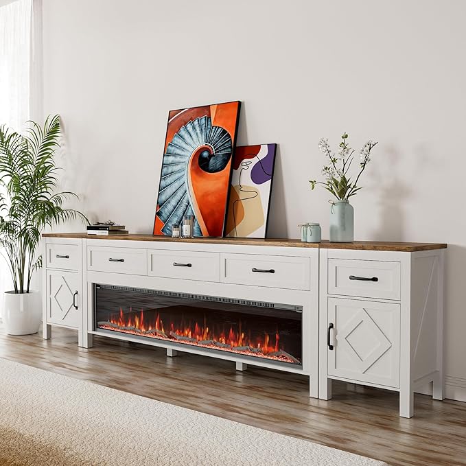 Modern TV Stand with Fireplace for TVs Up to 100 Inch,Entertainment Center with 60" Electric Fireplace,98" TV Console with Storage Cabinet Drawers for Living Room(Off White)