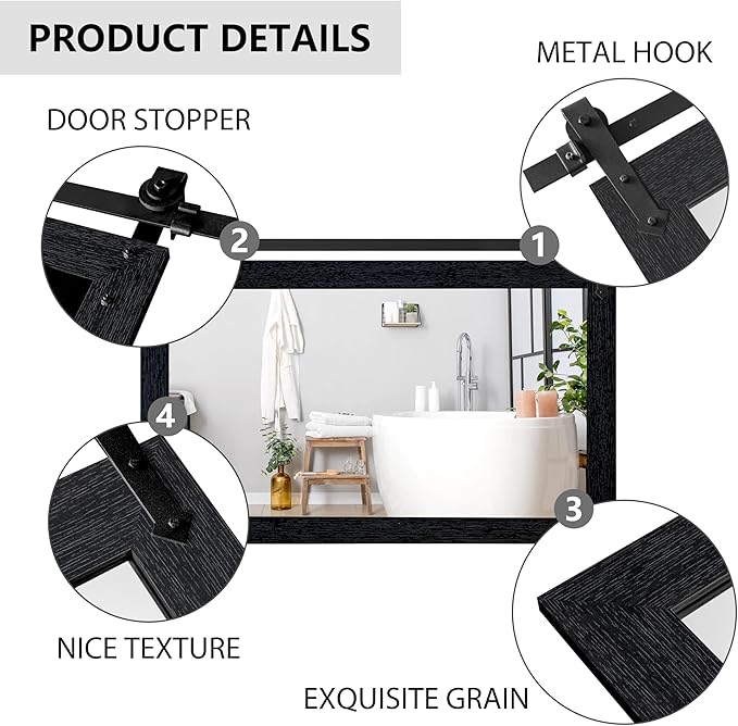 Farmhouse Mirror 42”x28” Black Rustic Mirror for Wall Vanity Mirrors Barn Door Style Decor Bathroom Living Room Entryway Bedroom Mirrors