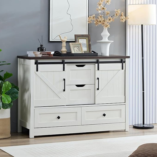 Farmhouse Dresser for Bedroom, 4 Drawers Dresser with Sliding Barn Door, 48" Wide Dresser 4 Chest of Drawers, Storage Organizer Dresser for Bedroom, Hallway, Living Room, Dining Room, Antique White