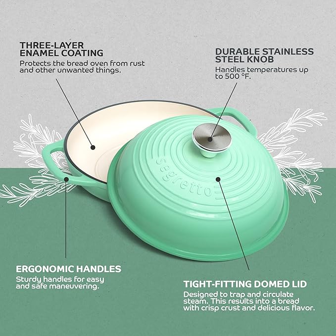 Enameled Cast Iron Bread Pan with Lid 11” Green Bread Oven Cast Iron Sourdough Baking Pan, Dutch Oven for Bread, No Seasoning Needed-Segretto Cookware