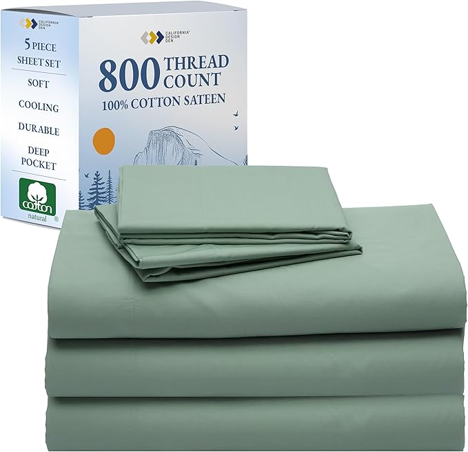 California Design Den King Split Sheets For Adjustable Bed Set - Luxury Hotel 800 Thread Count Sateen, Natural 100% Cotton Bedding Sheets & Pillowcases, Deep Pockets with Anti-Skid Elastic -Sage Green