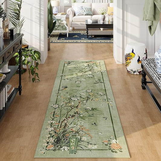 Runner Rug 2x6 Chinoiserie-Style Floral Vintage Kitchen Rugs Non Slip Washable with Rubber Backing Soft Carpet for Laundry, Bedroom, Bathroom, Green