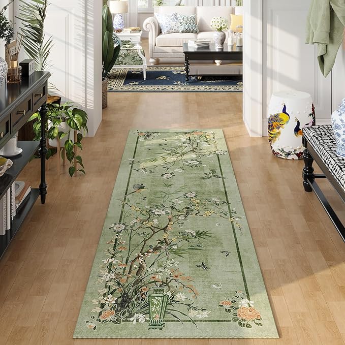 Runner Rug Chinoiserie-Style Floral Vintage Kitchen Rugs Non Slip Washable with Rubber Backing Soft Carpet for Laundry, Bedroom, Bathroom, Green