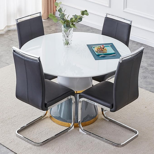 45 Inch Round Dining Table Set for 4, 5 Piece Kitchen Table and Chairs Set, White Faux Marble Table Top, Small Space Dining Set for Apartment or Dining Room