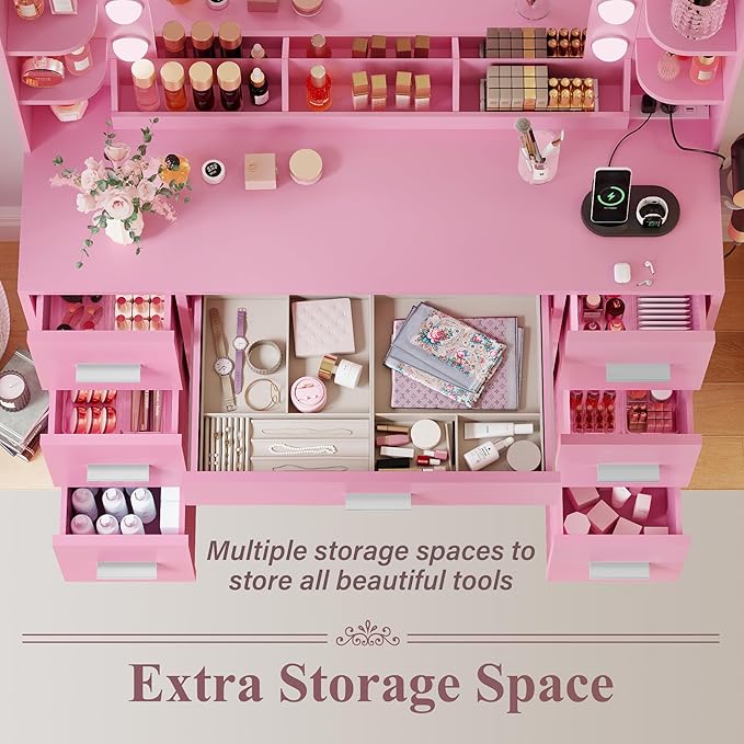 JUMMICO Makeup Vanity Desk with Large Mirror and Lights, Vanity with Power Strip and Hairdryer Holder, 6 Open Shelves and 7 Drawers Modern Dressing Table, for Bedroom (Pink)