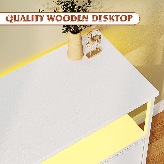 TV Stand Dresser with LED Lights & Power Outlets, Entertainment Center for 50" Inch TV, 5 Drawers TV Stand for Bedroom Dresser with Shelves for Living Room, Sturdy Metal Frame, White