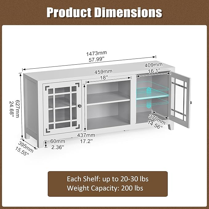 58'' TV Stand, Entertainment Center for Living Room, Media Console Table with Open Shelf Cabinet, for TVs up to 60 Inches, White Oak