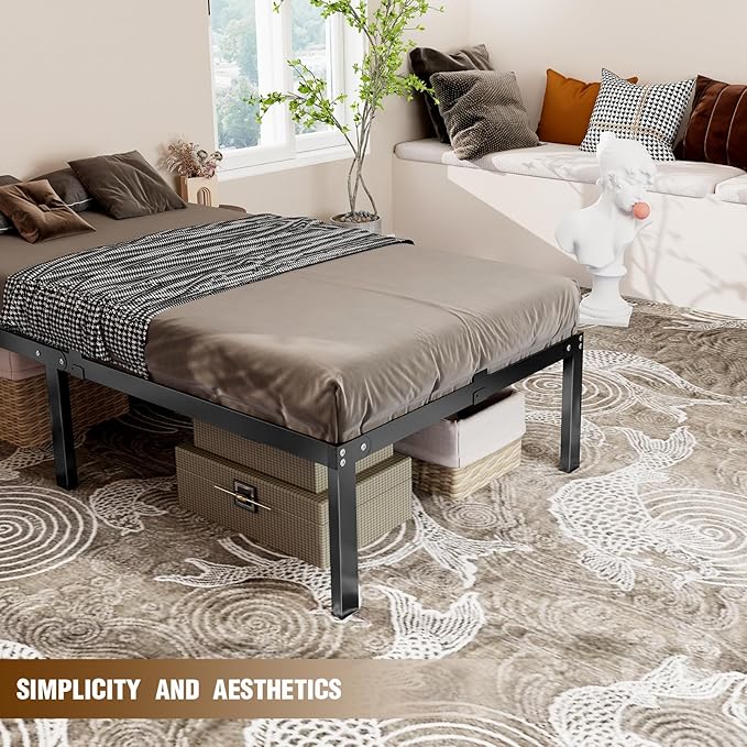 16 inch Twin Bed Frame with Headboard Hole,Metal Twin Size Bed Frame no Box Spring Needed with Storage Space Under Bed,Max 3900lbs Heavy Duty Steel Slats Noise-Free