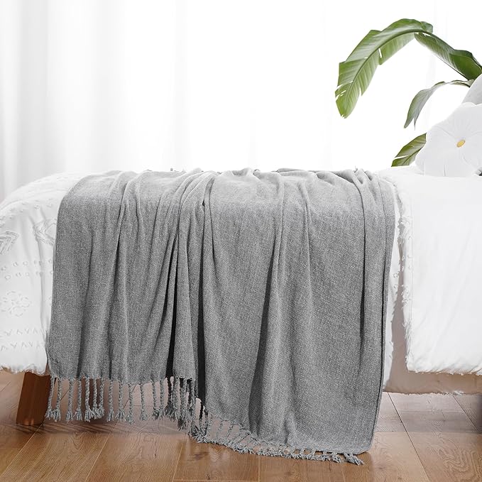 BATTILO HOME Gray Chenille Throw Blanket for Couch, Decorative Soft Knit Throw Blanket with Fringe Tassels, Lightweight Throw Blanket for Home Decor, 50"x60"