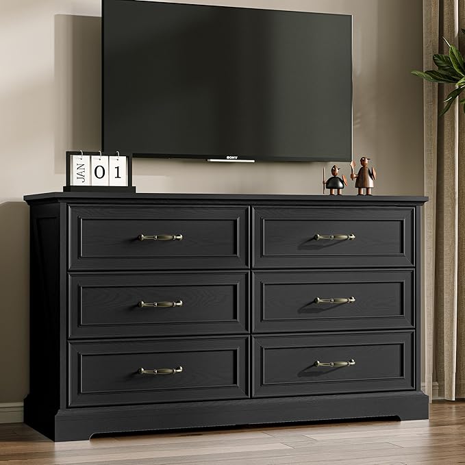 Farmhouse 6 Drawers Dresser for Bedroom, 48" Wide Modern Chest of Drawers with Deep Drawers & Bar Handles, Rustic Wood Dresser TV Stand, Wooden Closet Storage Organizer for Living Room, Hallway, Black