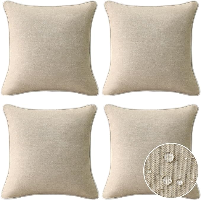 Decorative Outdoor Water Repellent Throw Pillows with Inserts, Set of 4, 18" x18" Pillows for Patio, Backyard, Bed, Couch, and Patio Furniture, Tan