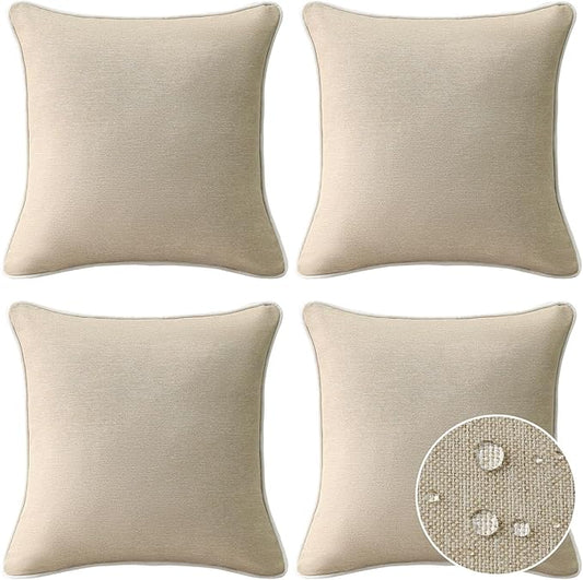 Decorative Outdoor Water Repellent Throw Pillows with Inserts, Set of 4, 18" x18" Pillows for Patio, Backyard, Bed, Couch, and Patio Furniture, Tan