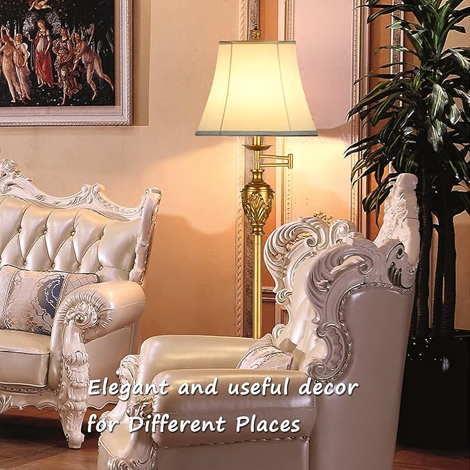 Traditional LED Floor Lamp with 350° Adjustable – Vintage Pole lamp Swing arm for Living Room, Bedroom and Office – Rustic Upright Floor Light for Home Décor with Faux Silk Fabric Shade