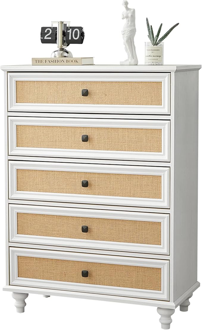 10 Drawer Dresser for Bedroom, Mid Century Modern Wide Wood Rustic Chest of Drawers Wooden Storage Organizer Dressers with Burlap Rattan Drawers for Living Room, Hallway Closet, Entryway, Beige White