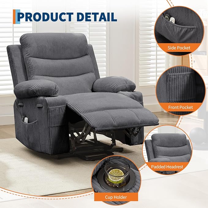 Power Lift Recliner Chair for Elderly, Living Room Massage & Heat, Small Spaces Useage or RV Single Sofa for Adults, 135° Reclining Accent Chairs, 2 Cup Holders and Side Pockets (Corduroy Gray)
