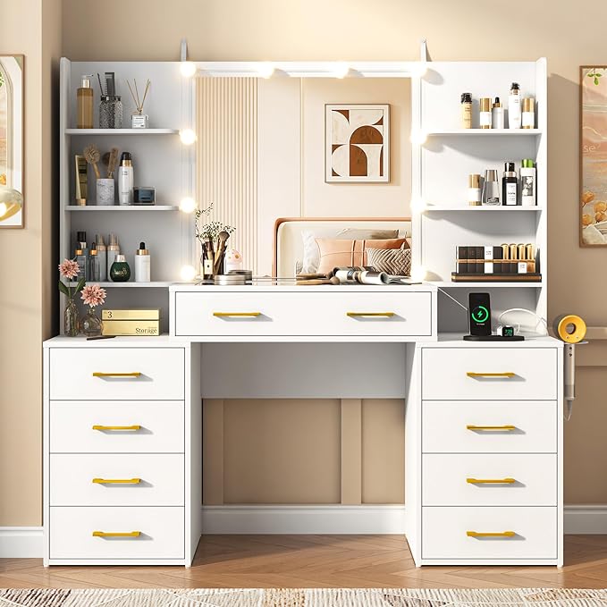 55 in Glass Top Vanity Desk with Mirror and Lights, Large Vanity Makeup Mirror Desk with Charging Station Compartment Storage Drawers, Modern Makeup Vanity with 9 Drawers 6 Shelves, White