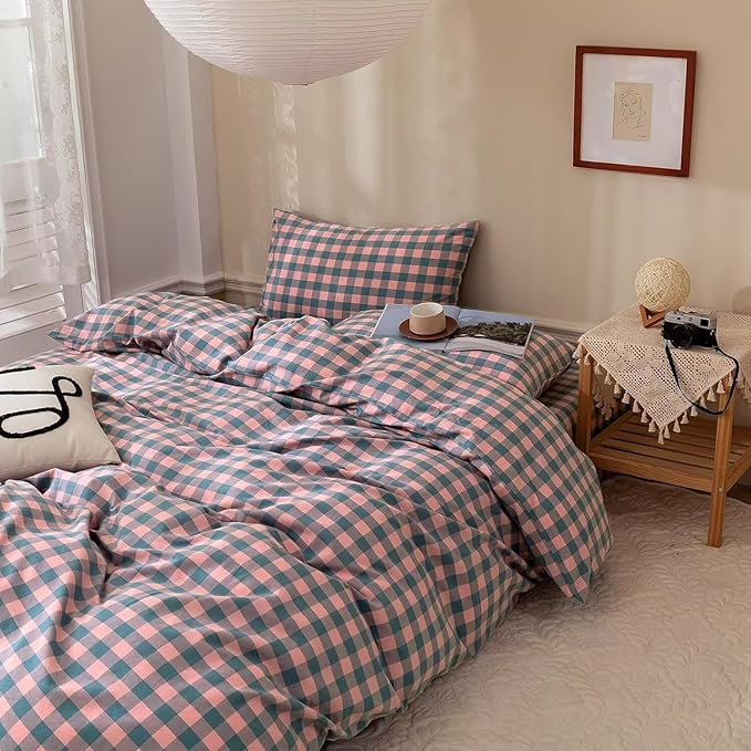mixinni Plaid Comforter Set Twin XL - 3 Piece Soft Geometric Checkered Comforter with 2 Pillow Shams, Modern Gingham Pattern Bedding Set for All Season, Breathable & Soft Cozy (Pink, Purple, Blue)