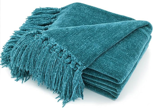 RECYCO Throw Blanket Soft Cozy Chenille Throw Blanket with Fringe Tassel for Couch Sofa Chair Bed Living Room (Teal, 50'' x 60'')