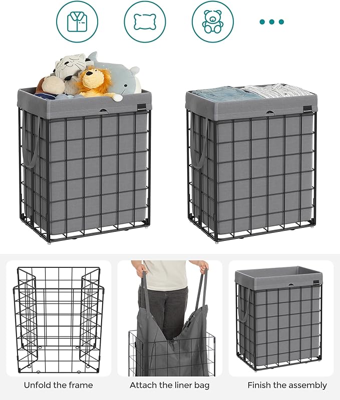 SONGMICS Laundry Hamper, 23.8 Gal. (90L) Laundry Basket, Collapsible Clothes Hamper, Removable and Washable Liner, Metal Wire Frame, for Bedroom Bathroom, Black and Gray ULCB190G01