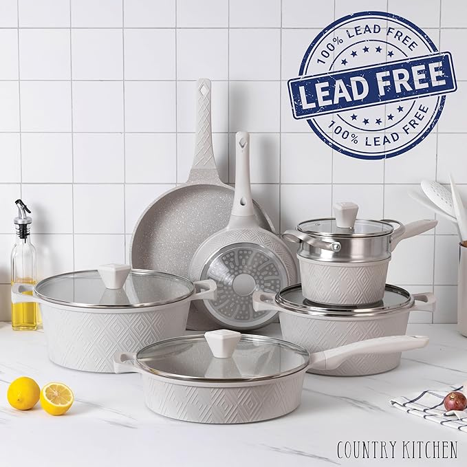 Country Kitchen Non-Stick Cast Aluminum Cookware Set - Durable Kitchen Cookware for Everyday Cooking, Cream Rhombus, 11 Pc.