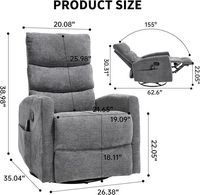 PELUMY Massage Recliner Chair with Heat - Manual Rocker Swivel Recliner, 360° Rotation & 155° Recline for Living Room（Linen Fabric, Grey）