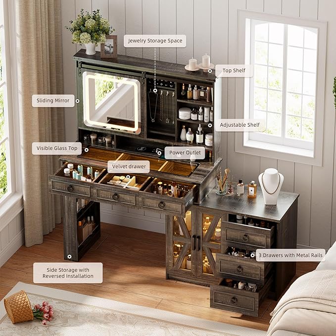 60"W Farmhouse Makeup Vanity Desk with Sliding Mirror and Lights, Charging Glass Top Large Vanity Table with Jewelry Storage,Vanity Set with 6 Drawers,10 Shelves,Side Storage Cabinet,Rustic Brown