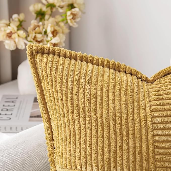 MIULEE Decorative Throw Pillow Covers for Couch Bed Livingroom 18x18 Inch Set of 2 Gold Boho Accent Throw Pllows Broadside Striped Patchwork Soft Corduroy Summer Pillowcases