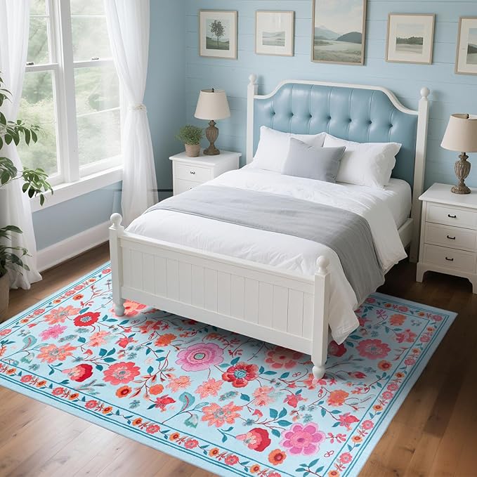 Living Room Rug 6x9 Rug, Machine Washable Area Rug Non Slip Low Pile Floral Rug for Living Room, Bedroom, Farmhouse, Dining Room, Kids Playroom, Blue