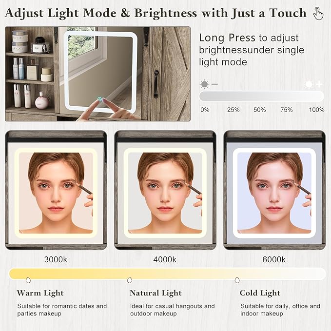 Farmhouse Makeup Vanity Desk with Sliding Mirror and Lights, 42" Glass Top Vanity Table with Charging Station & 4 Drawers & 2 Cabinets, Vintage Vanity Set for Bedroom, Driftwood Gray