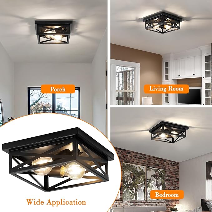 Black Rustic Metal Flush Mount Ceiling Light Fixture, 2-Light Industrial Farmhouse Hallway Light Fixtures, Metal Cage Closed to Ceiling Mounted Lights for Bedroom Kitchen Ceiling Lights