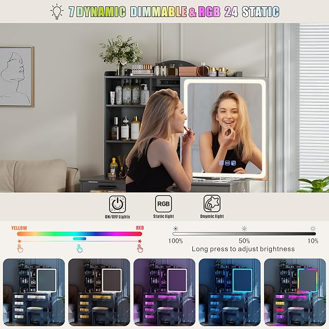 Vanity Desk with Sliding Vanity Mirror and RGB Lights,Makeup Vanity Desk with Charging Station,LED Vanity Table with Hidden Storage,Dressing Table Set with Stool&5 Drawers for Bedroom,Grey