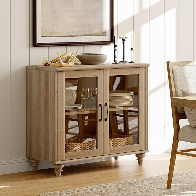 WAMPAT Farmhouse TV Stand for TVs Up to 43 inch, Glass Wood Universal TV Stand with 2 Storage Cabinets, Oak Entertainment Center for 32-43 inch TV Console Table for Living Room, Bedroom