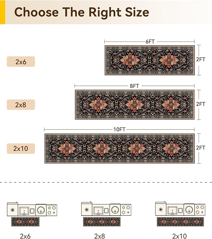 Area Rugs 2'x8' Washable Non-Slip, Floral Vintage Distress Print Pattern Medallion Carpet for Living Room Bedroom Dining Room, Black Colorful Floral Dark Tan