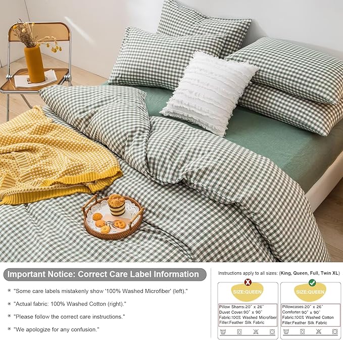 mixinni Green Gingham Comforter Set Twin XL, Plaid Comforter Set 3 Pieces 1 Green Grid Comfoter with 2 Pillow Cases for All Seasons, Soft Fluffy Modern Grid Pattern Printed Bedding-Twin XL Size
