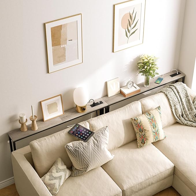 HOOBRO 2 Pack 5.9" Narrow Console Sofa Table with Power Outlets, 47.2" Long Behind Couch Table with Charging Station, Skinny Sofa Table for Living Room, Foyer, Greige BG15XGP201G1