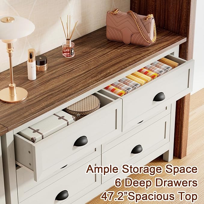 Wananlanen® Farmhouse Dresser for Bedroom, Antique Double Dresser & Chest of Drawer with Vintage Handle and Storage, Wooden Tall Rustic Organizer for Bedroom (Antique White, 6 Drawer)