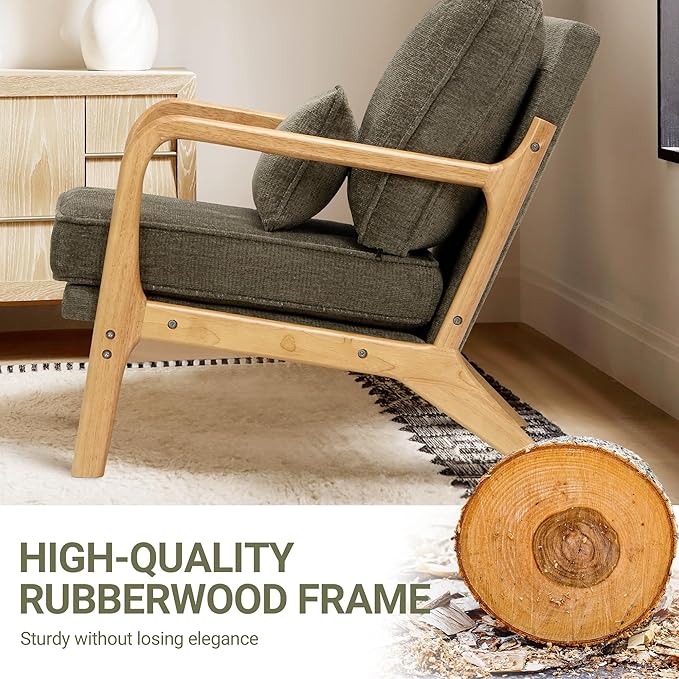 COLAMY Mid Century Modern Accent Chair with Lumbar Pillow, Relaxing Armchair with Solid Wood Frame & Soft Cushion, Reading Leisure Chair for Living Room,Bedroom,Waiting Room（Green）