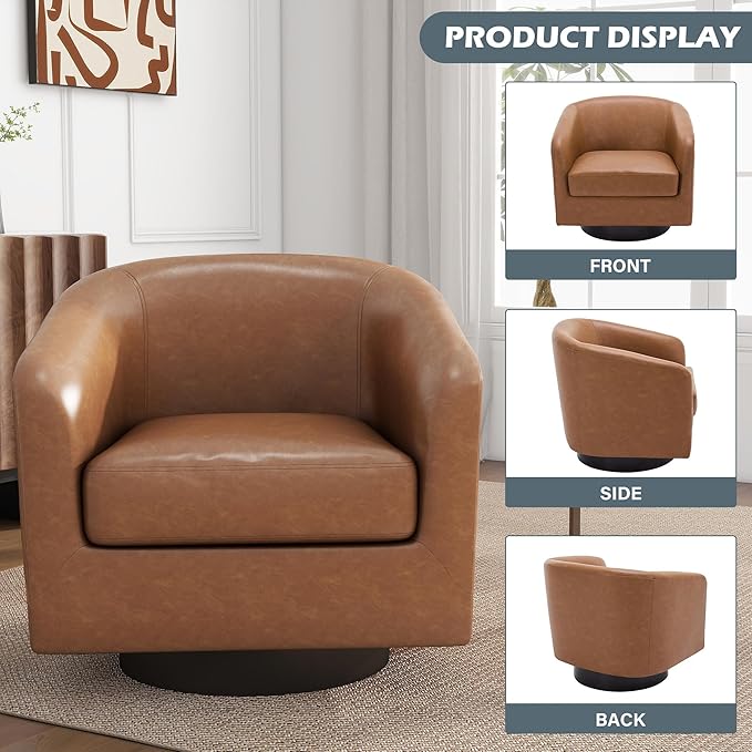 UIXE PU Leather Swivel Accent Chairs Set of 4, Barrel Club Chair Upholstered Armchair for Living Room - Brown
