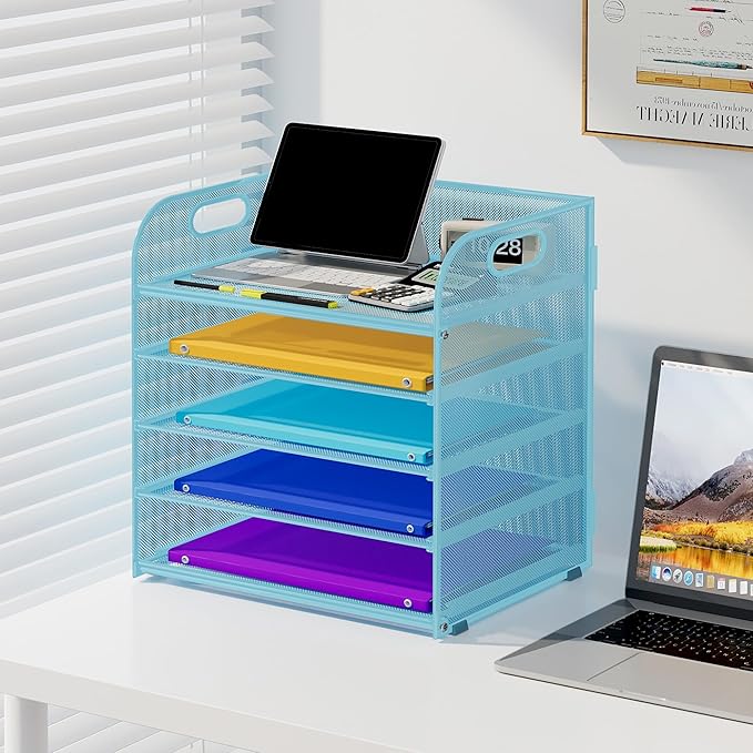 5 Tier Paper Organizer with Handle, Metal Mesh Desk Organizer File Folder Paper Letter Tray Desktop Document Sorter for Classroom, School, Office Accessories Organization and Storage - Blue