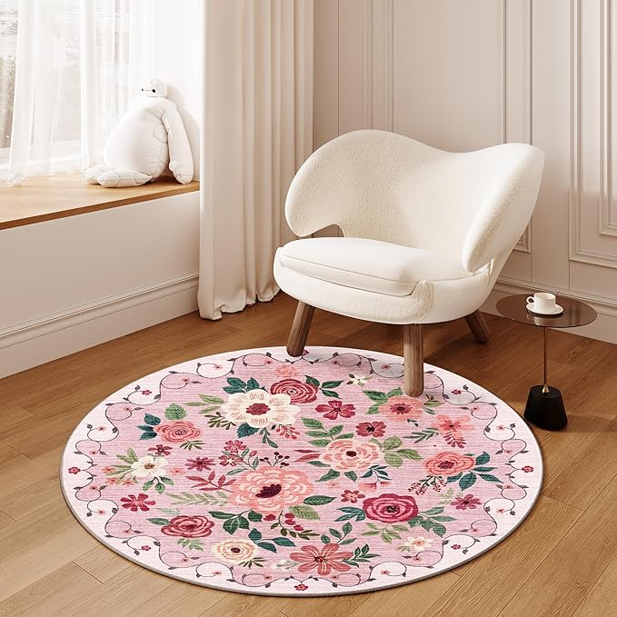 DUKINO Floral Round Rug, 4ft Washable Round Area Rug, Non Slip Indoor Low Pile Circle Rug, Soft Small Boho Design Circle Rug for Bedroom, Entryway, Living Room, Dining Room, Pink