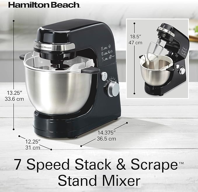 Hamilton Beach Electric Stand Mixer, 4 Quarts, Dough Hook, Flat Beater Attachments, 7 Speeds, Whisk, Stack & Scrape Bowl Scraper, Black
