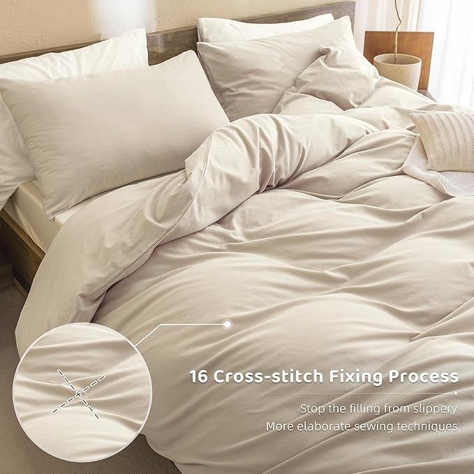 Sanracie Queen Comforter Set, Washed Cotton Linen Feel Bedding Comforters Sets 3 Pieces(1 Solid Wheat Comforter +2 Pillowcases) Soft Lightweight Aesthetic Bedding Sets Queen All Season