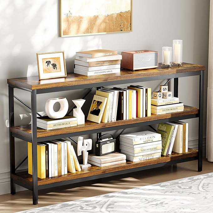 3-Tier Console Table, 55.1" Entryway Table with Metal Frame and Open Shelves, Modern Behind Couch Sofa Table for Living Room, Hallway, Foyer, Entrance, Industrial, Bookshelf, Rustic Brown