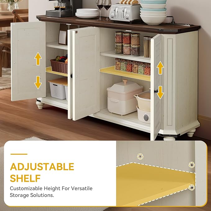 DWVO Farmhouse TV Stand for 60 Inch Television, 30.7" Tall Entertainment Center w/Adjustable Shelves, Wood 4 Shutter-Doors Buffet Sideboard Cabinet, Rustic Media Console Cabinet for Living Room, White