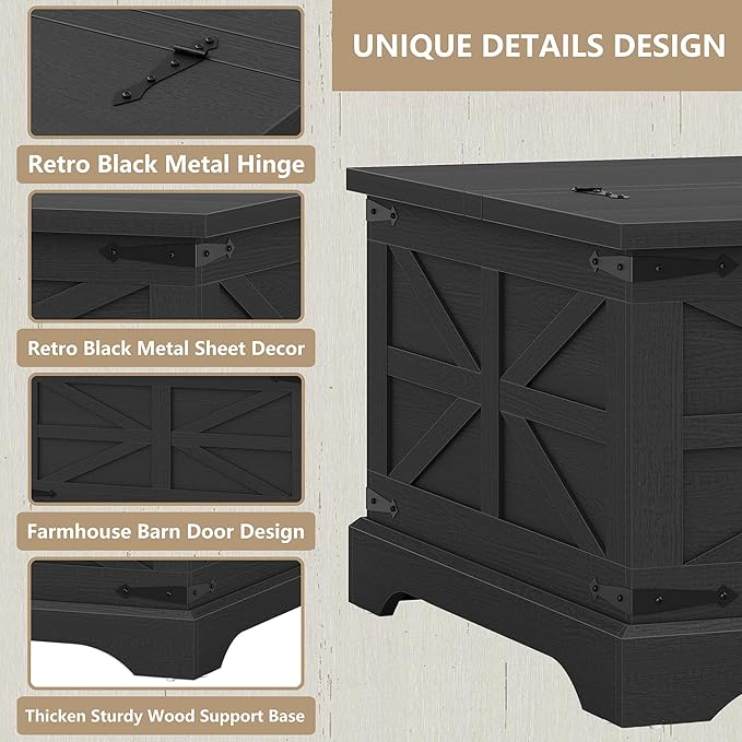 Furnideco Farmhouse Lift Top Coffee Table, Square Wood Center Table with Large Hidden Storage Compartment for Living Room, Rustic Cocktail Table with Hinged Lift Top for Home, Black